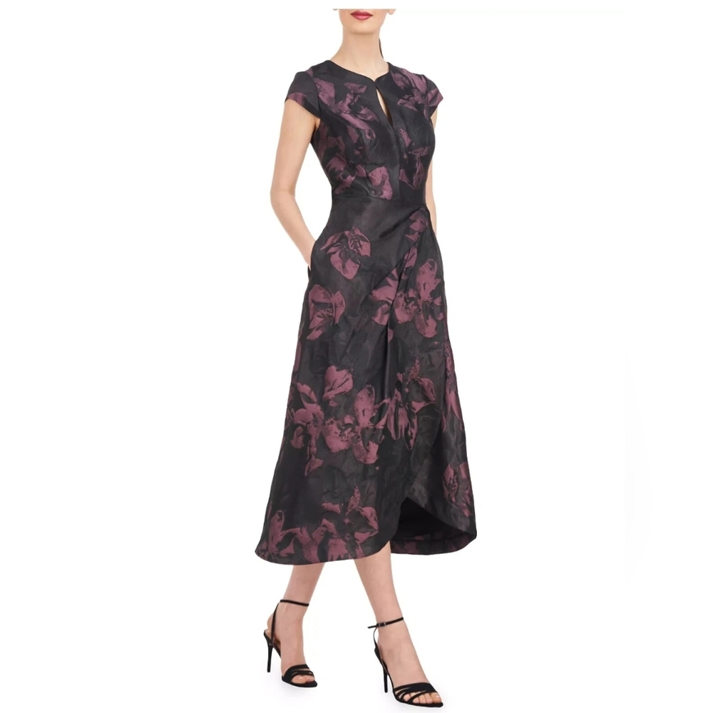 Kay Unger Size L Massima Metallic Floral Jacquard Midi Cocktail Dress Mink Rose